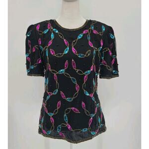 Vintage Stenay Beaded‎ Cocktail Evening Blouse Silk 1920s Gatsby Black